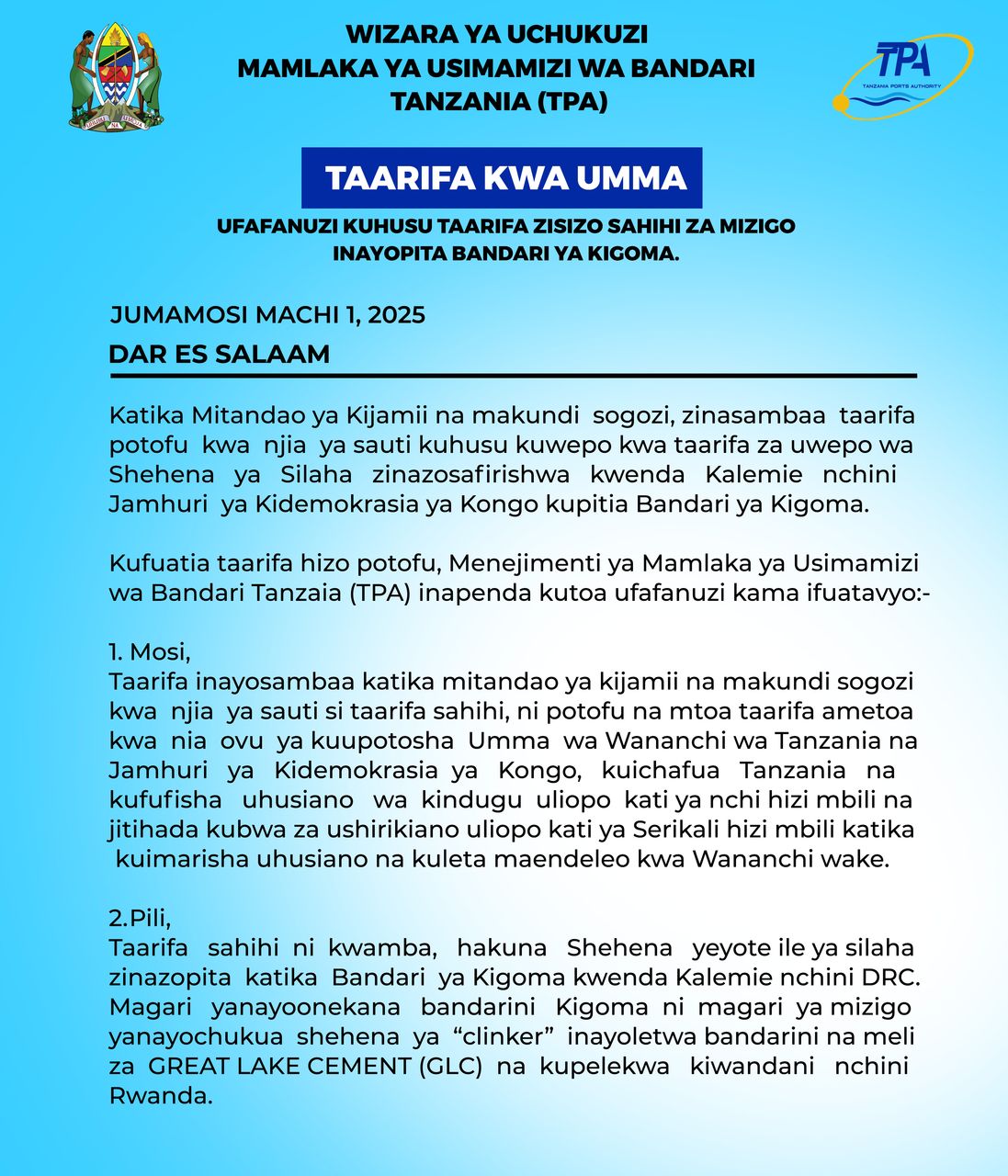 TAARIFA KWA UMMA (UFAFANUZI JUU YA TAARIFA ZISIZO SAHIHI ZA MZIGO INAYOPITA BANDARI YA KIGOMA)